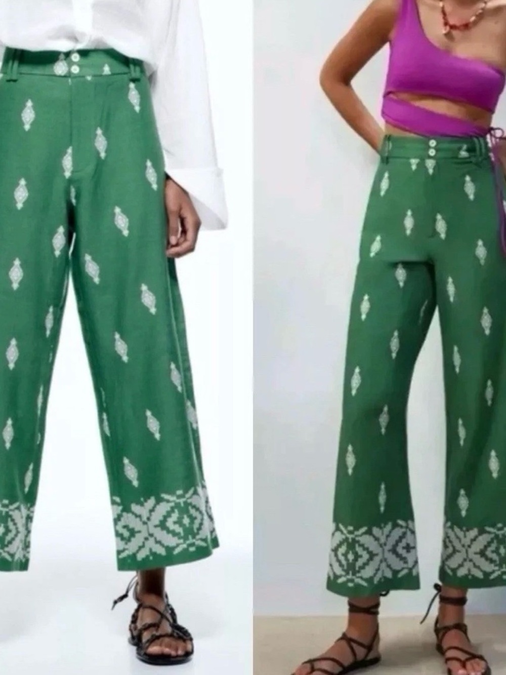 Zara Embroidery Linen Green Boho Straight Pants Size Medium 30” Waist
